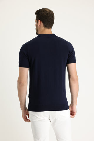  Orta Lacivert Polo Yaka Slim Fit Dar Kesim Desenli Tişört