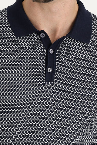  Orta Lacivert Polo Yaka Slim Fit Dar Kesim Desenli Tişört
