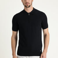 Siyah Polo Yaka Slim Fit Dar Kesim Desenli Fermuarlı Tişört