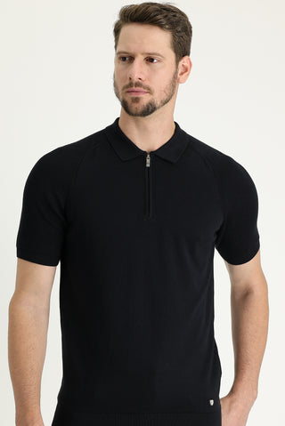  Siyah Polo Yaka Slim Fit Dar Kesim Desenli Fermuarlı Tişört