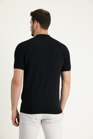  Siyah Polo Yaka Slim Fit Dar Kesim Desenli Fermuarlı Tişört