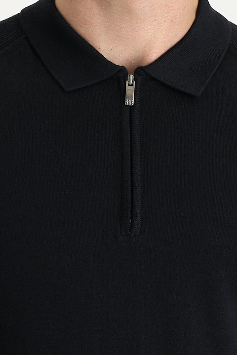 Siyah Polo Yaka Slim Fit Dar Kesim Desenli Fermuarlı Tişört
