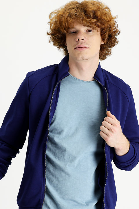 Orta Lacivert Dik Yaka Slim Fit Dar Kesim Fermuarlı Pamuklu Sweatshirt
