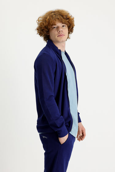 Orta Lacivert Dik Yaka Slim Fit Dar Kesim Fermuarlı Pamuklu Sweatshirt