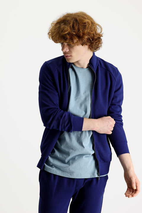 Orta Lacivert Dik Yaka Slim Fit Dar Kesim Fermuarlı Pamuklu Sweatshirt