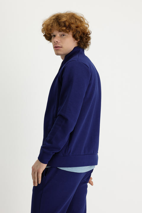 Orta Lacivert Dik Yaka Slim Fit Dar Kesim Fermuarlı Pamuklu Sweatshirt