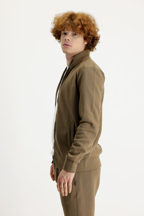 Koyu Bej Dik Yaka Slim Fit Dar Kesim Fermuarlı Pamuklu Sweatshirt