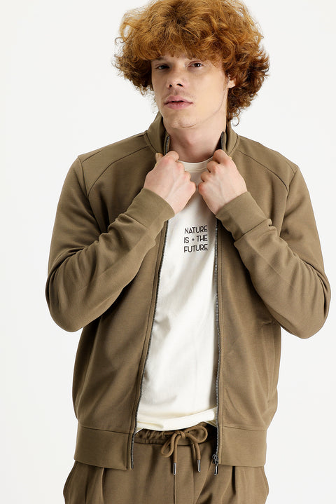 Koyu Bej Dik Yaka Slim Fit Dar Kesim Fermuarlı Pamuklu Sweatshirt