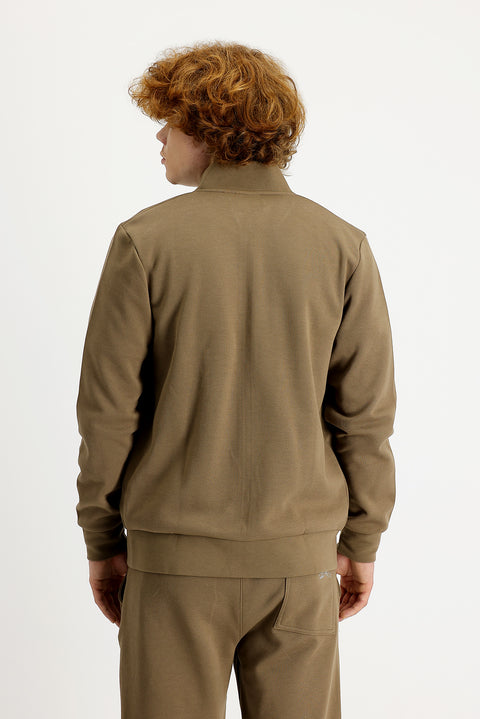 Koyu Bej Dik Yaka Slim Fit Dar Kesim Fermuarlı Sweatshirt