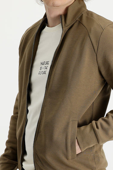  Koyu Bej Dik Yaka Slim Fit Dar Kesim Fermuarlı Pamuklu Sweatshirt