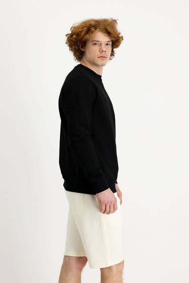 Siyah Bisiklet Yaka Slim Fit Dar Kesim Baskılı Sweatshirt