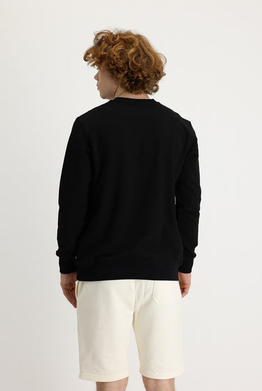 Siyah Bisiklet Yaka Slim Fit Dar Kesim Baskılı Sweatshirt