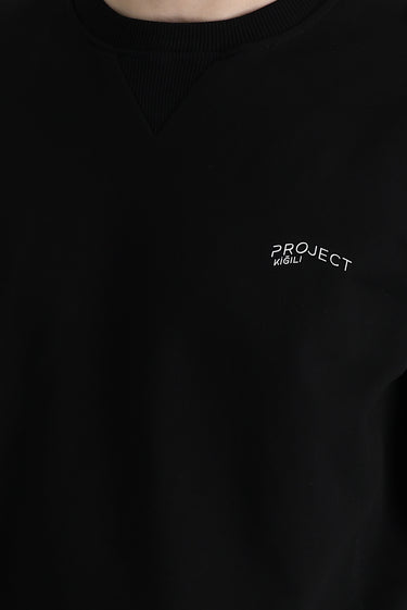 Siyah Bisiklet Yaka Slim Fit Dar Kesim Baskılı Sweatshirt