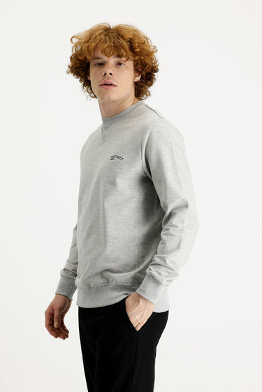 Orta Gri Melanj Bisiklet Yaka Slim Fit Dar Kesim Baskılı Sweatshirt