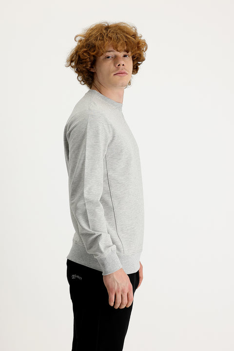 Orta Gri Melanj Bisiklet Yaka Slim Fit Dar Kesim Baskılı Sweatshirt