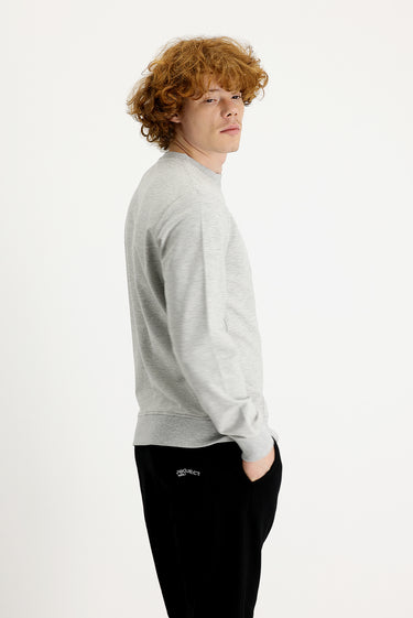 Orta Gri Melanj Bisiklet Yaka Slim Fit Dar Kesim Baskılı Sweatshirt