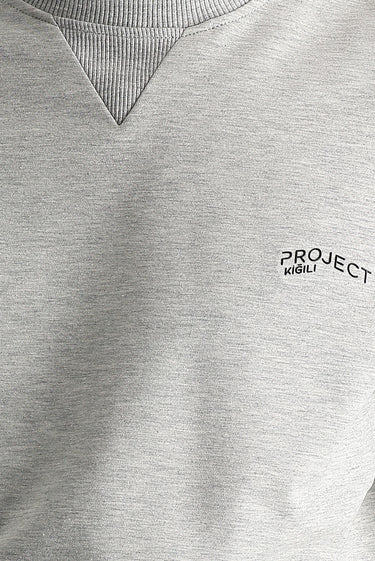 Orta Gri Melanj Bisiklet Yaka Slim Fit Dar Kesim Baskılı Sweatshirt