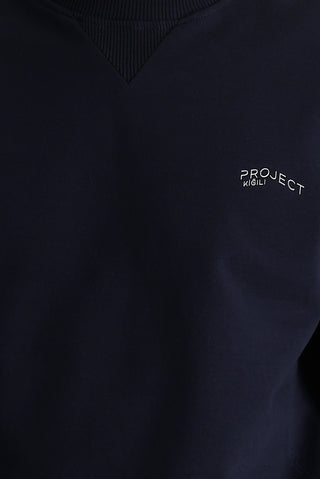  Orta Lacivert Bisiklet Yaka Slim Fit Dar Kesim Baskılı Sweatshirt
