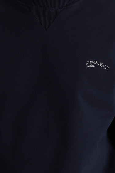 Orta Lacivert Bisiklet Yaka Slim Fit Dar Kesim Baskılı Sweatshirt