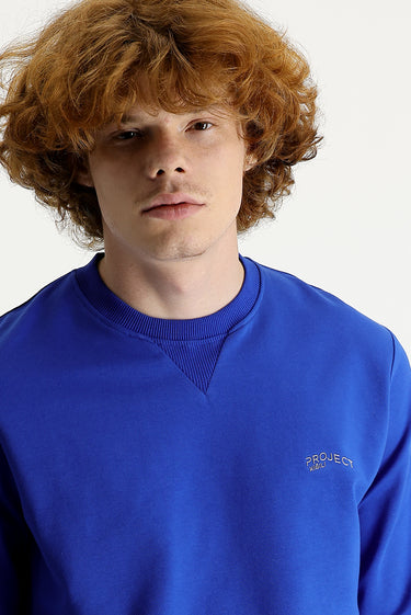 Saks Mavi Bisiklet Yaka Slim Fit Dar Kesim Baskılı Sweatshirt