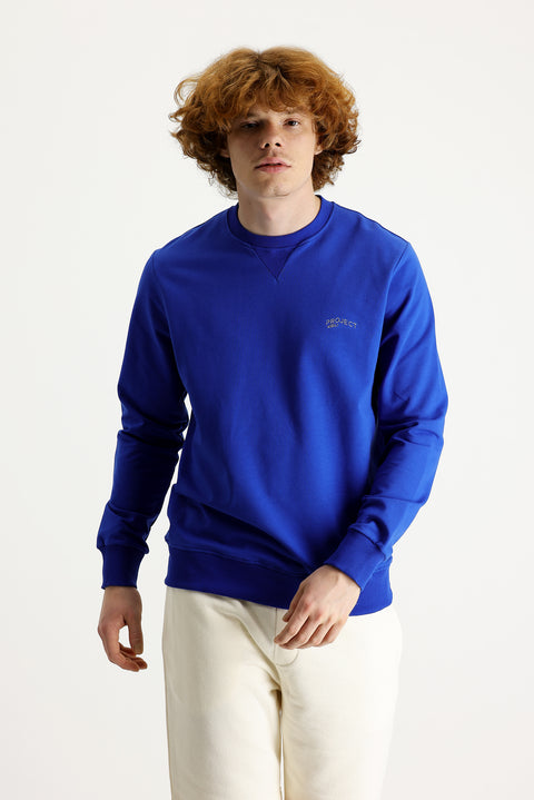 Saks Mavi Bisiklet Yaka Slim Fit Dar Kesim Baskılı Sweatshirt