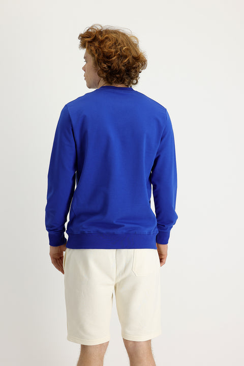 Saks Mavi Bisiklet Yaka Slim Fit Dar Kesim Baskılı Sweatshirt