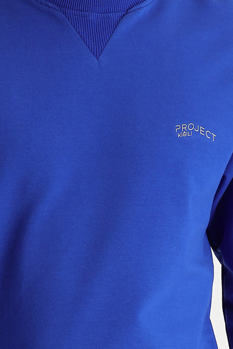 Saks Mavi Bisiklet Yaka Slim Fit Dar Kesim Baskılı Sweatshirt