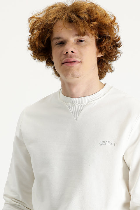 Ekru Bisiklet Yaka Slim Fit Dar Kesim Baskılı Sweatshirt
