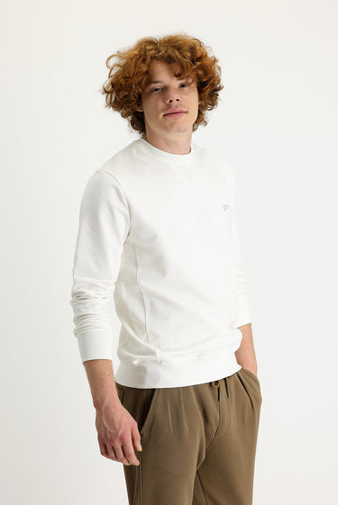 Ekru Bisiklet Yaka Slim Fit Dar Kesim Baskılı Sweatshirt