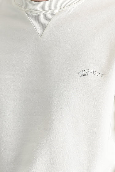 Ekru Bisiklet Yaka Slim Fit Dar Kesim Baskılı Sweatshirt