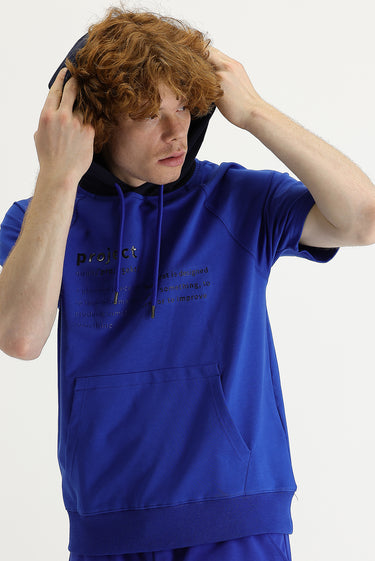 Saks Mavi Kapüşonlu Yarım Kol Baskılı Pamuklu Sweatshirt