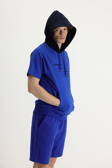 Saks Mavi Kapüşonlu Yarım Kol Baskılı Pamuklu Sweatshirt