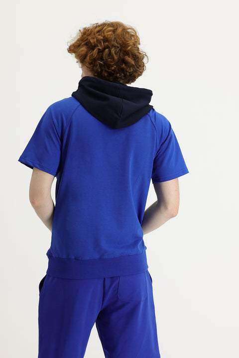 Saks Mavi Kapüşonlu Yarım Kol Baskılı Pamuklu Sweatshirt