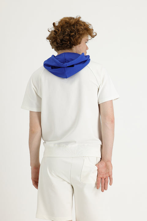 Ekru Kapüşonlu Yarım Kol Baskılı Pamuklu Sweatshirt