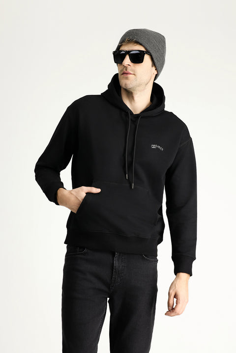 Black Hooded Printed Cotton Sweatshirt