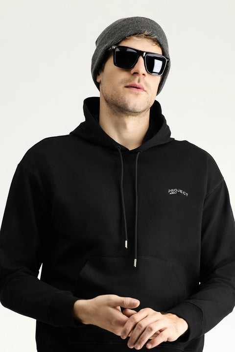 Black Hooded Printed Cotton Sweatshirt