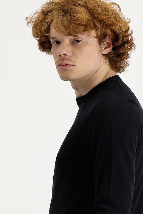 Black Crew Neck Slim Fit Linen Knit Sweater