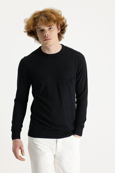 Siyah Bisiklet Yaka Slim Fit Dar Kesim Keten Triko Kazak