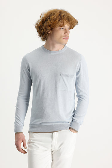 Açık Mavi Bisiklet Yaka Slim Fit Dar Kesim Pamuklu Keten Triko Kazak