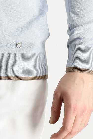 Açık Mavi Bisiklet Yaka Slim Fit Dar Kesim Pamuklu Keten Triko Kazak