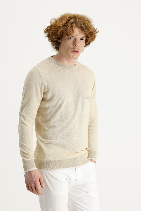 Orta Bej Bisiklet Yaka Slim Fit Dar Kesim Pamuklu Keten Triko Kazak