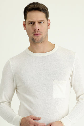  Beyaz Bisiklet Yaka Slim Fit Dar Kesim Pamuklu Keten Karışımlı Triko Kazak