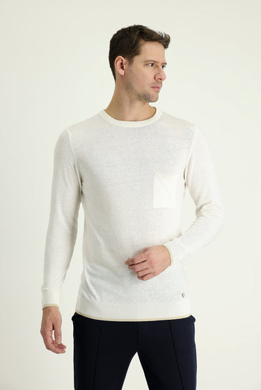  Beyaz Bisiklet Yaka Slim Fit Dar Kesim Pamuklu Keten Karışımlı Triko Kazak
