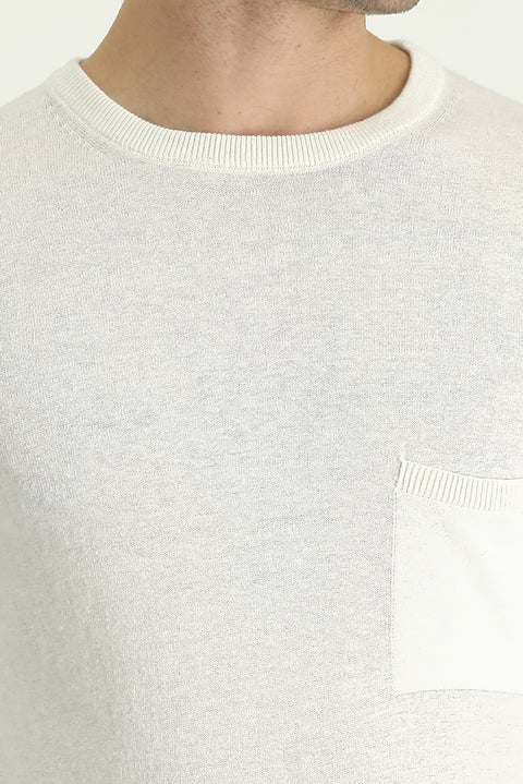 Beyaz Bisiklet Yaka Slim Fit Dar Kesim Keten Triko Kazak