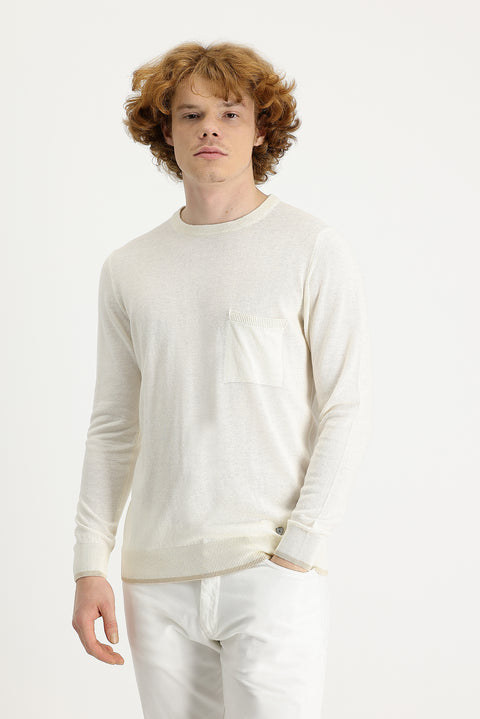 Ekru Bisiklet Yaka Slim Fit Dar Kesim Pamuklu Keten Karışımlı Triko Kazak