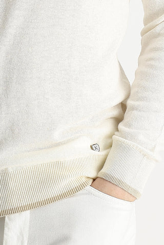  Ekru Bisiklet Yaka Slim Fit Dar Kesim Pamuklu Keten Karışımlı Triko Kazak