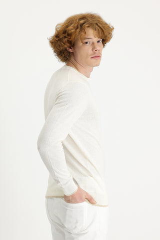  Ekru Bisiklet Yaka Slim Fit Dar Kesim Pamuklu Keten Karışımlı Triko Kazak