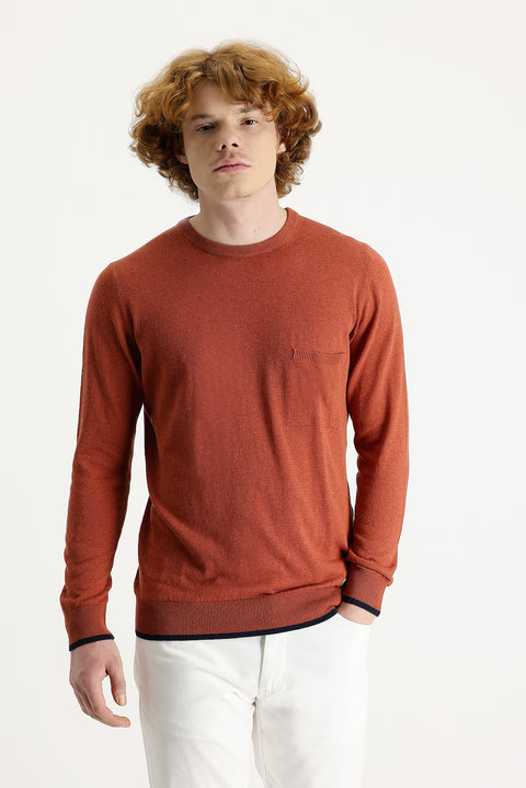 Kiremit Bisiklet Yaka Slim Fit Dar Kesim Pamuklu Keten Triko Kazak