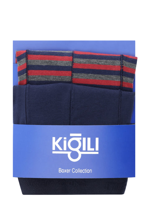 Orta Lacivert 2'li Desenli Pamuklu Boxer Seti