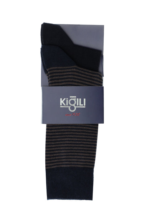 Orta Lacivert 2'li Pamuklu Desenli Çorap Seti